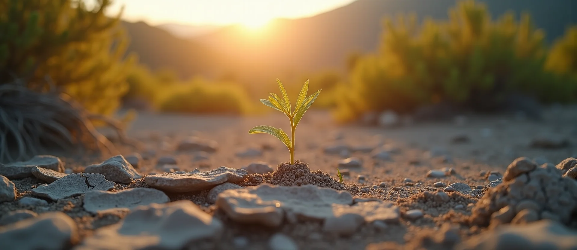 Symbolizing Seed/New Beginning: A local Manzanita shoot emerging from cracked soil. - AI Generated