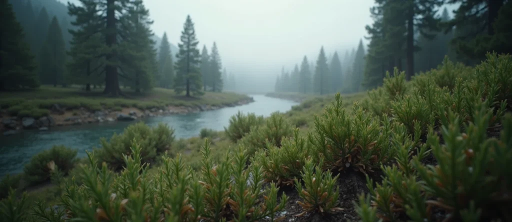 Symbolizing Flow/Cleansing: A local Ponderosa Pine raindrops on desert leaves. - AI Generated