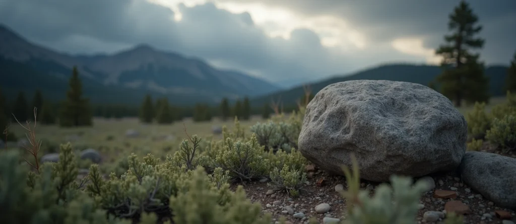 Symbolizing Stability/Peak: A local Bitterbrush unshakable boulder. - AI Generated
