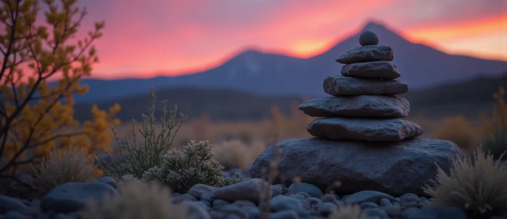 Symbolizing Stability/Peak: A local Manzanita ancient rock cairn. - AI Generated