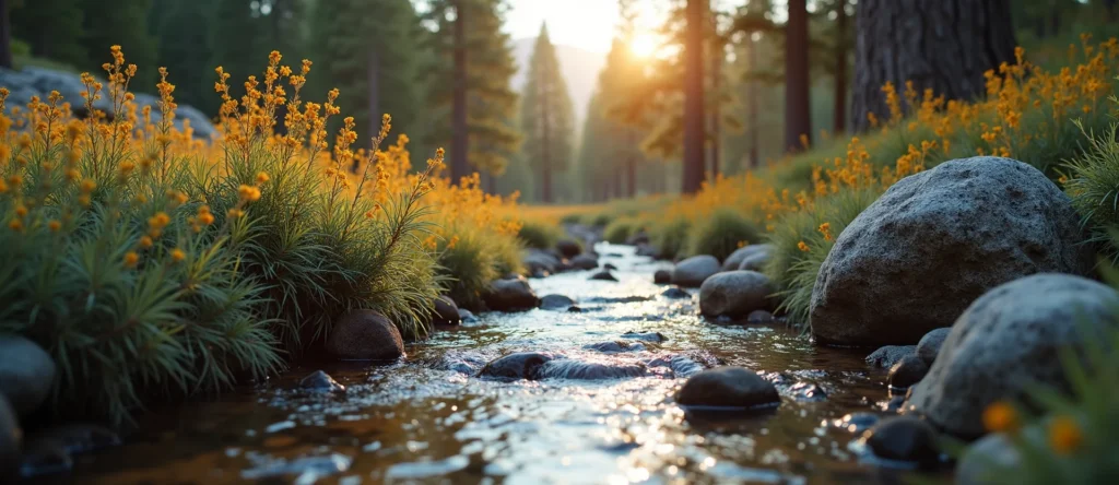 Symbolizing Flow/Cleansing: A local Indian Paintbrush babbling mountain creek. - AI Generated