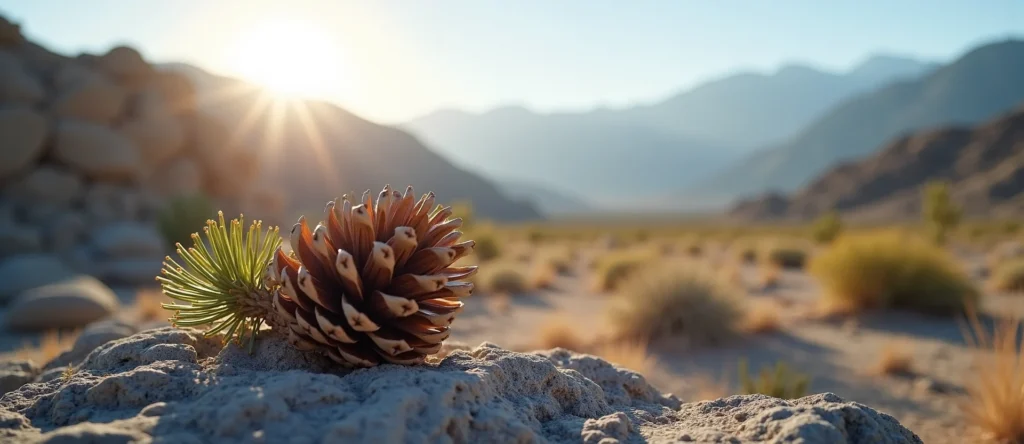 Symbolizing Seed/New Beginning: A local Desert Peach opening pine cone. - AI Generated