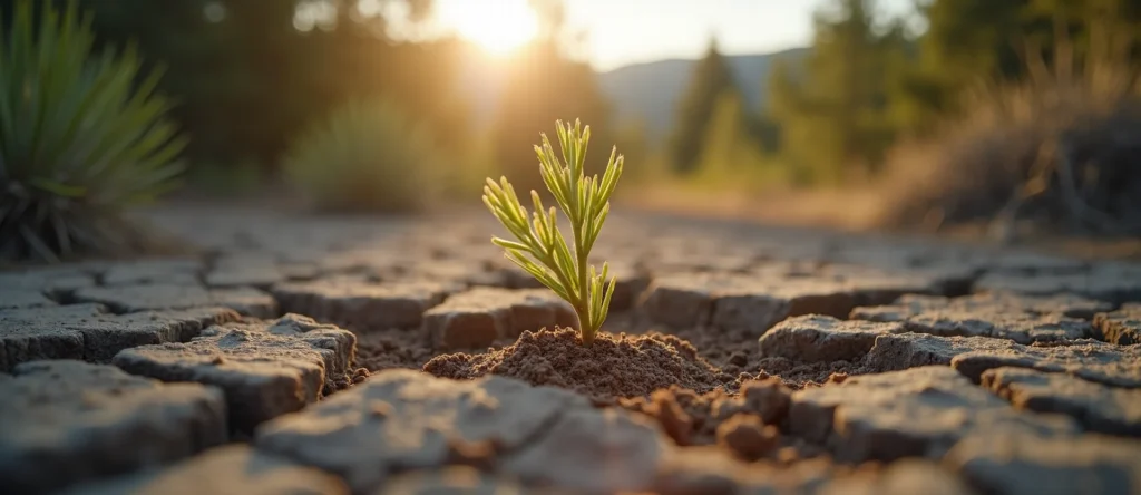 Symbolizing Seed/New Beginning: A local Quaking Aspen shoot emerging from cracked soil. - AI Generated