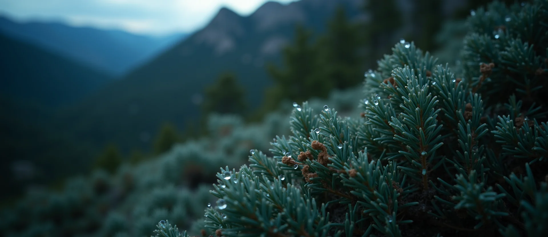 Symbolizing Flow/Cleansing: A local Sierra Juniper raindrops on desert leaves. - AI Generated
