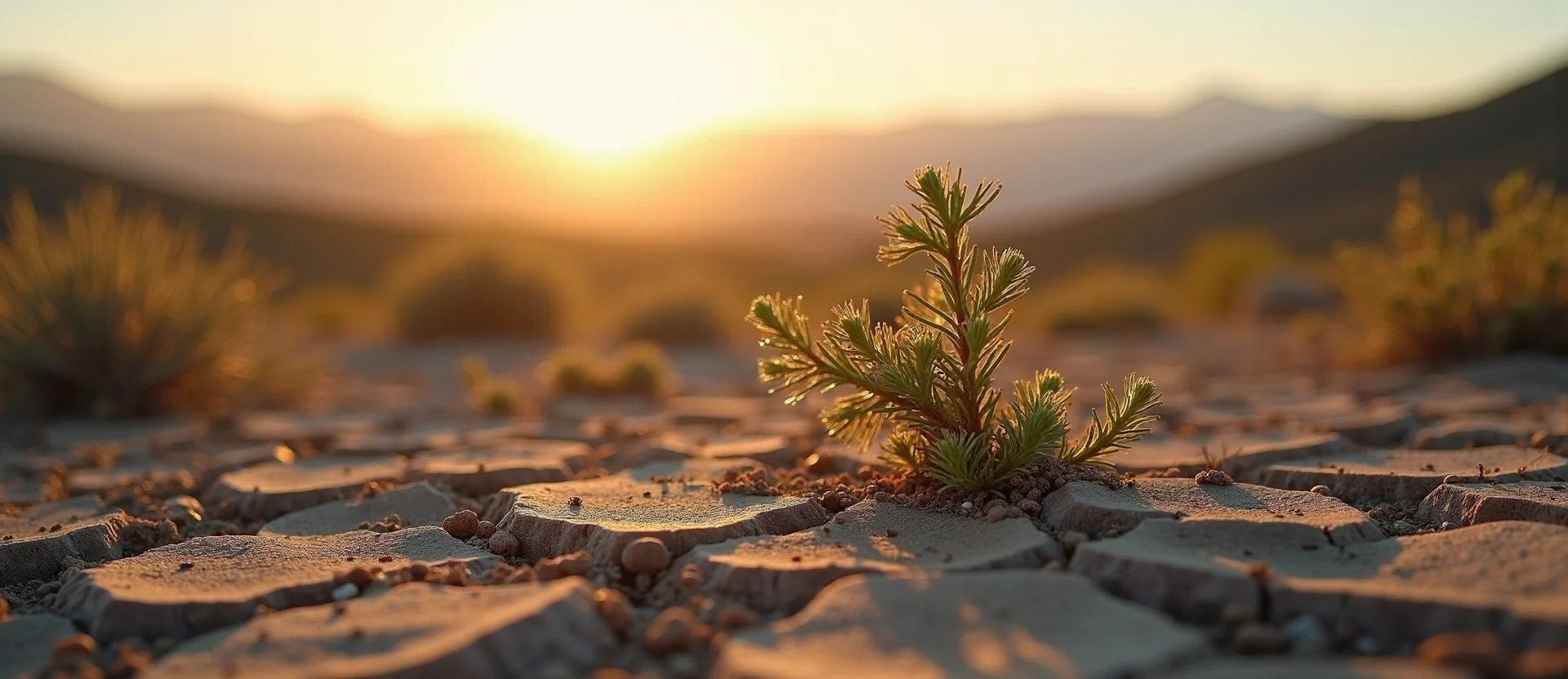 Symbolizing Seed/New Beginning: A local Rabbitbrush shoot emerging from cracked soil. - AI Generated
