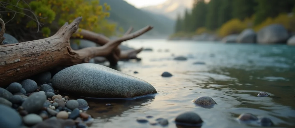 Symbolizing Flow/Cleansing: A local Sierra Juniper smooth Truckee river stones. - AI Generated