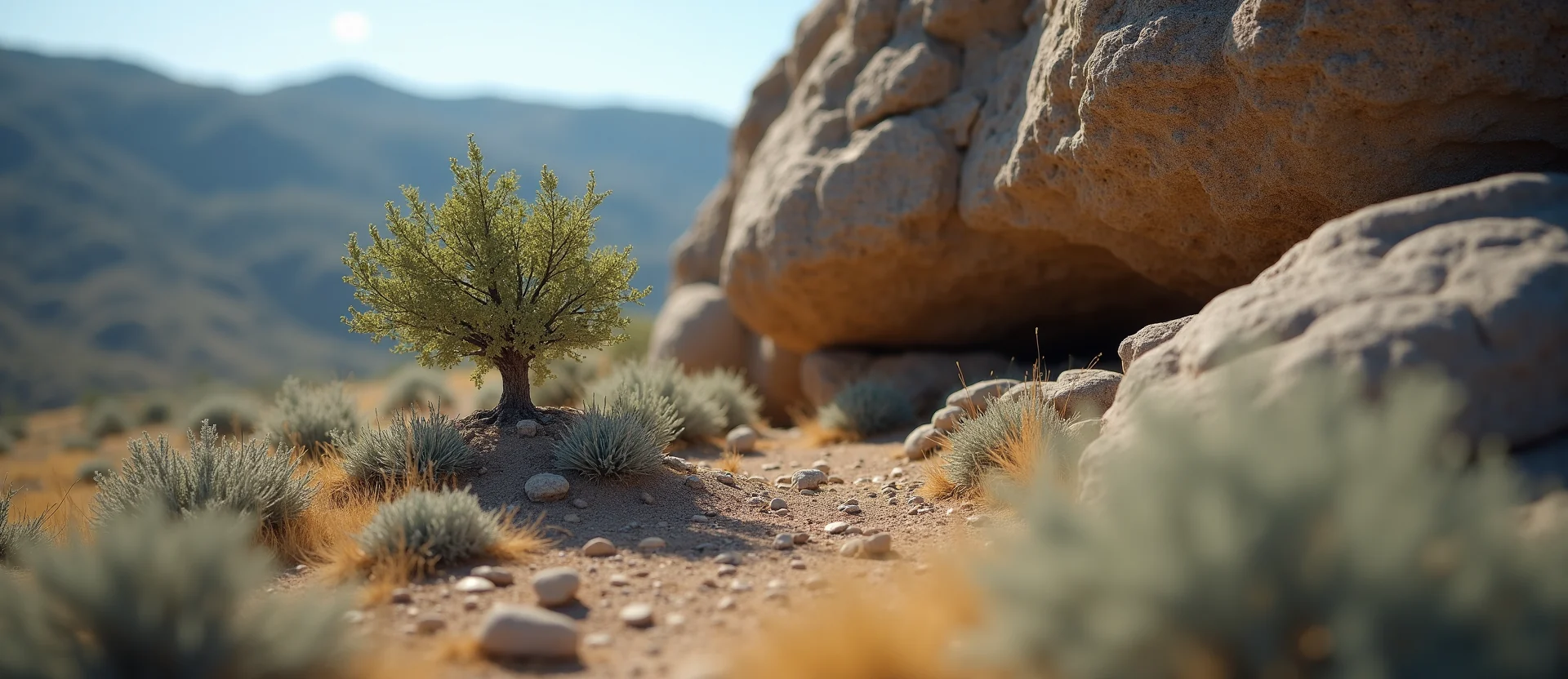 Symbolizing Growth/Resilience: A local Sagebrush (Artemisia tridentata) tree growing out of a rock cleft. - AI Generated
