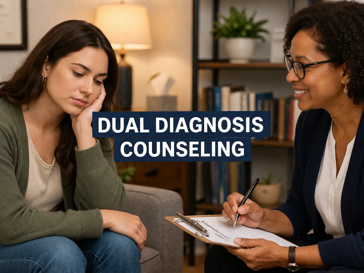 A professional female clinician reviewing a co-occurring disorder assessment with a client in a Reno treatment center, featuring large text overlay that reads "DUAL DIAGNOSIS COUNSELING," representing integrated treatment for substance use and mental health, clinical diagnostic reporting, and evidence-based stabilization.