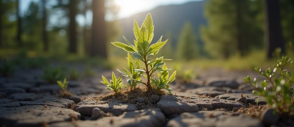 Symbolizing Seed/New Beginning: A local Manzanita shoot emerging from cracked soil. - AI Generated