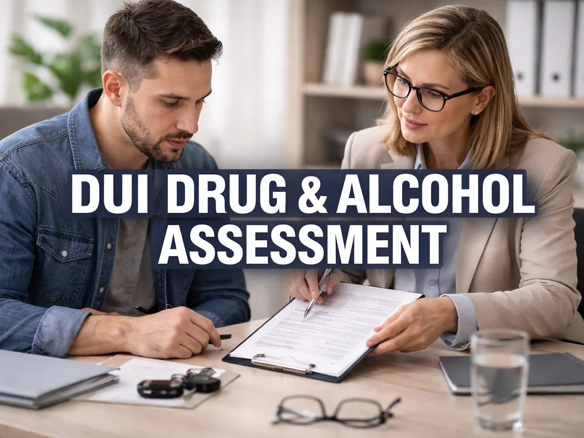 A professional female clinician reviewing a Nevada DMV compliance form with a client in a Reno Treatment & Recovery office, featuring large text overlay that reads "DUI DRUG & ALCOHOL ASSESSMENT," representing structured legal evaluation, medical reporting, and certified court compliance.