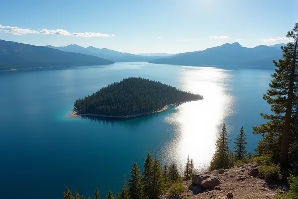 Wide-angle landscape of Emerald Bay, representing the "island of peace" found when stabilizing one's social and environmental recovery factors.
