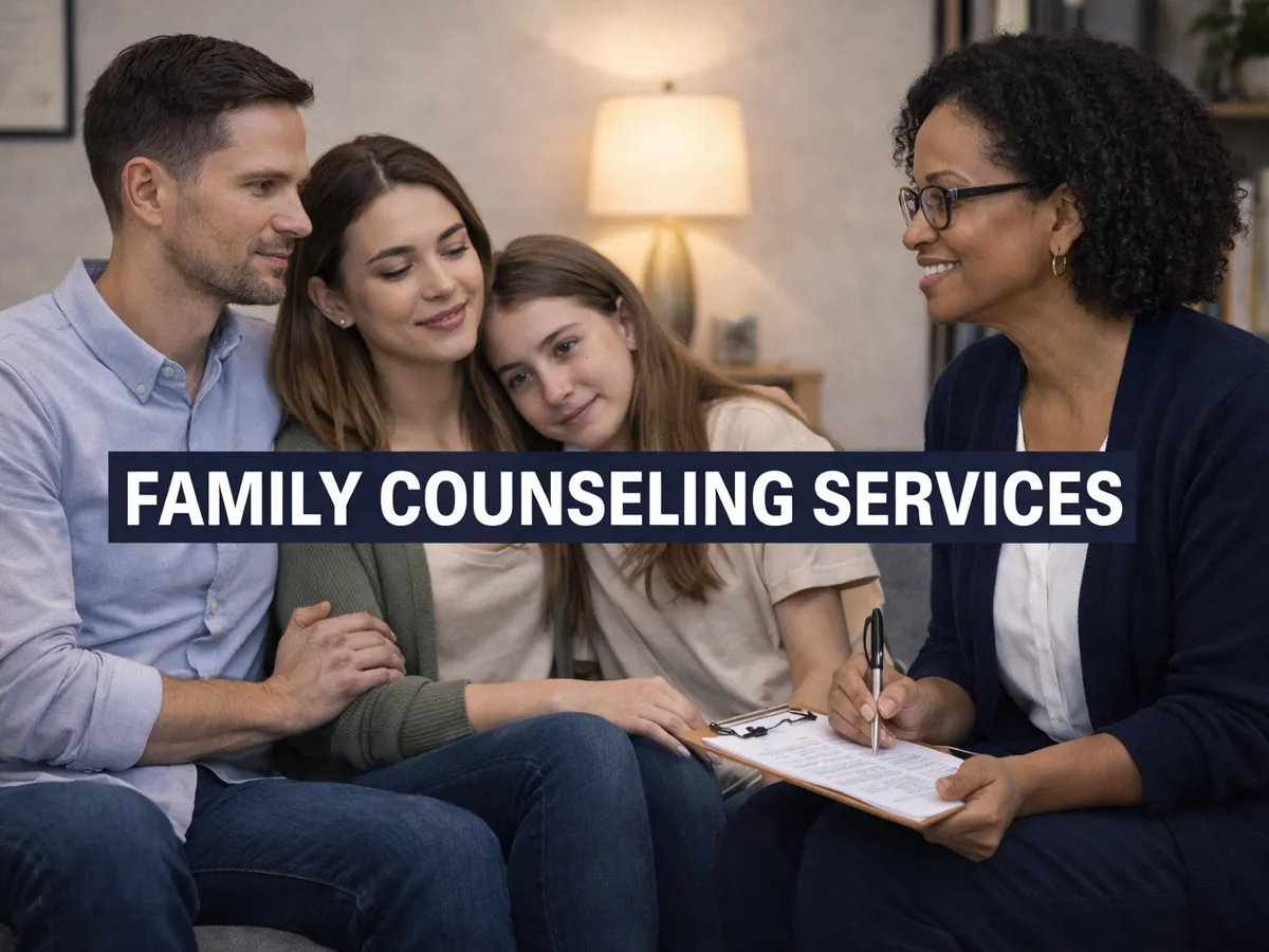 A professional female clinician facilitating a session with a family in a Reno office, featuring large text overlay that reads "FAMILY COUNSELING SERVICES," representing structured clinical support for rebuilding trust, setting boundaries, and long-term recovery stabilization.
