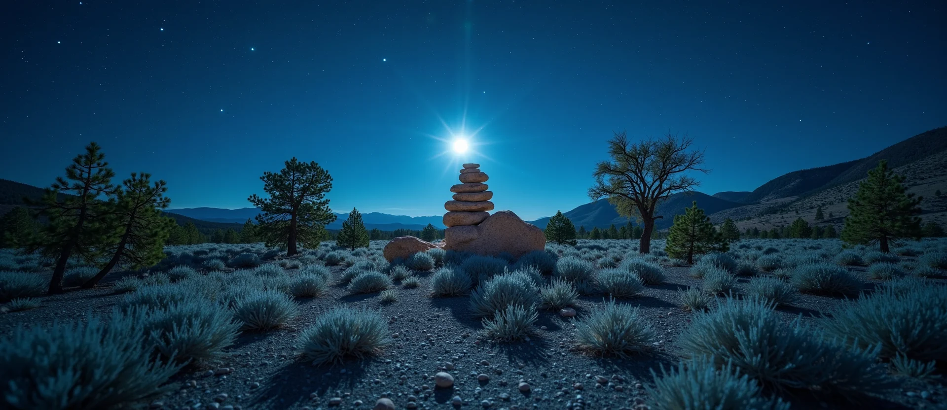 Symbolizing Stability/Peak: A local Sierra Juniper ancient rock cairn. - AI Generated
