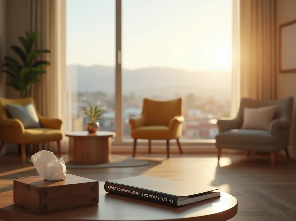 A circular seating arrangement in a Reno family counseling office with a clinical folder on communication and boundaries, representing structured support for families in recovery.