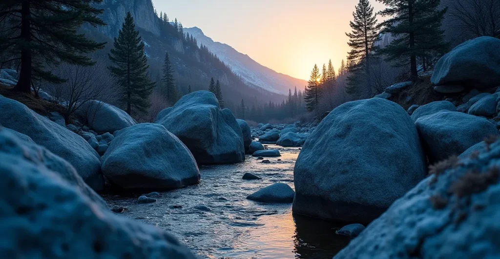 Low-angle dramatic view of massive granite boulders on Galena Creek trail at winter dawn symbolizing enduring strength in relapse prevention.