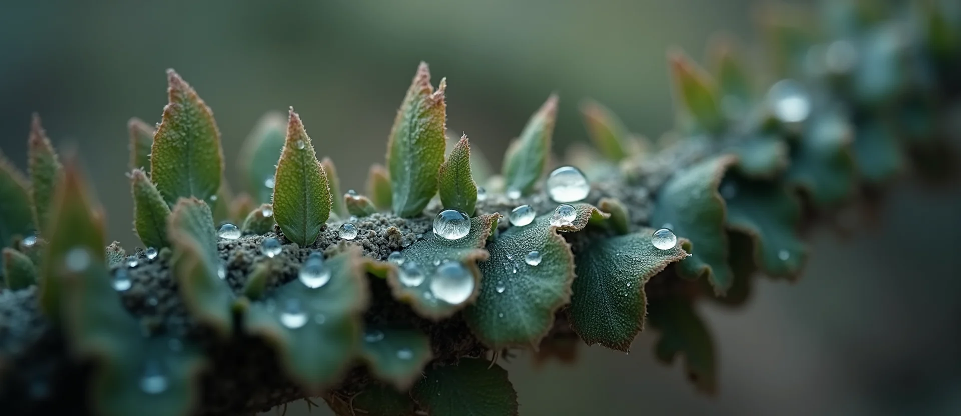Symbolizing Flow/Cleansing: A local Sagebrush (Artemisia tridentata) raindrops on desert leaves. - AI Generated