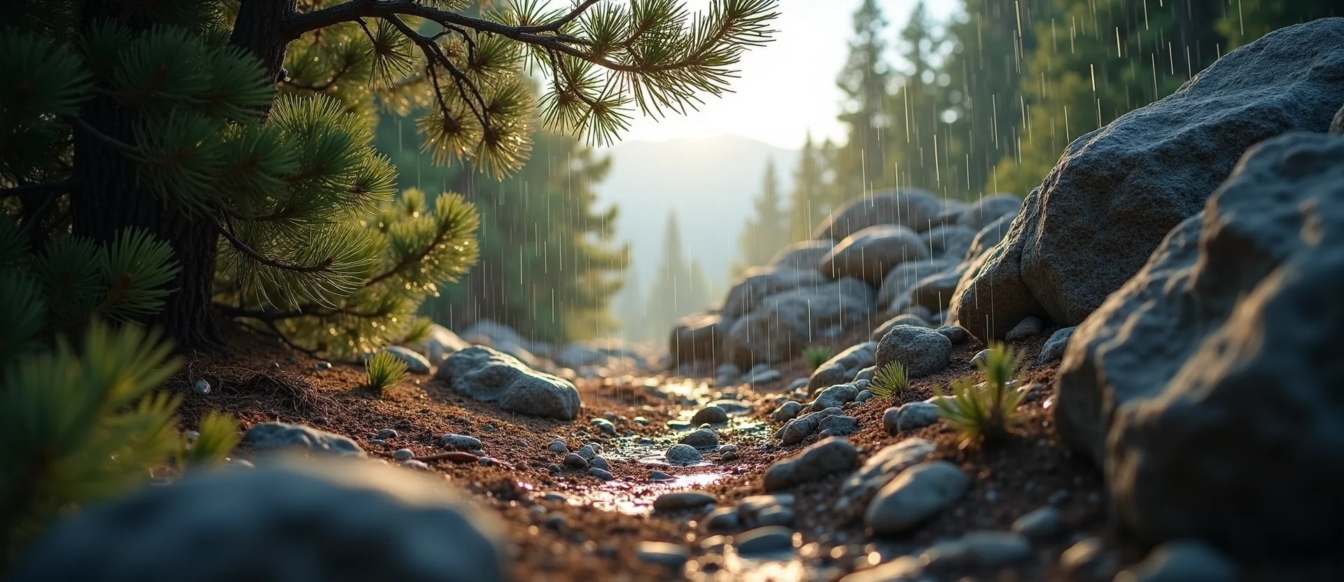 Symbolizing Flow/Cleansing: A local Ponderosa Pine raindrops on desert leaves. - AI Generated