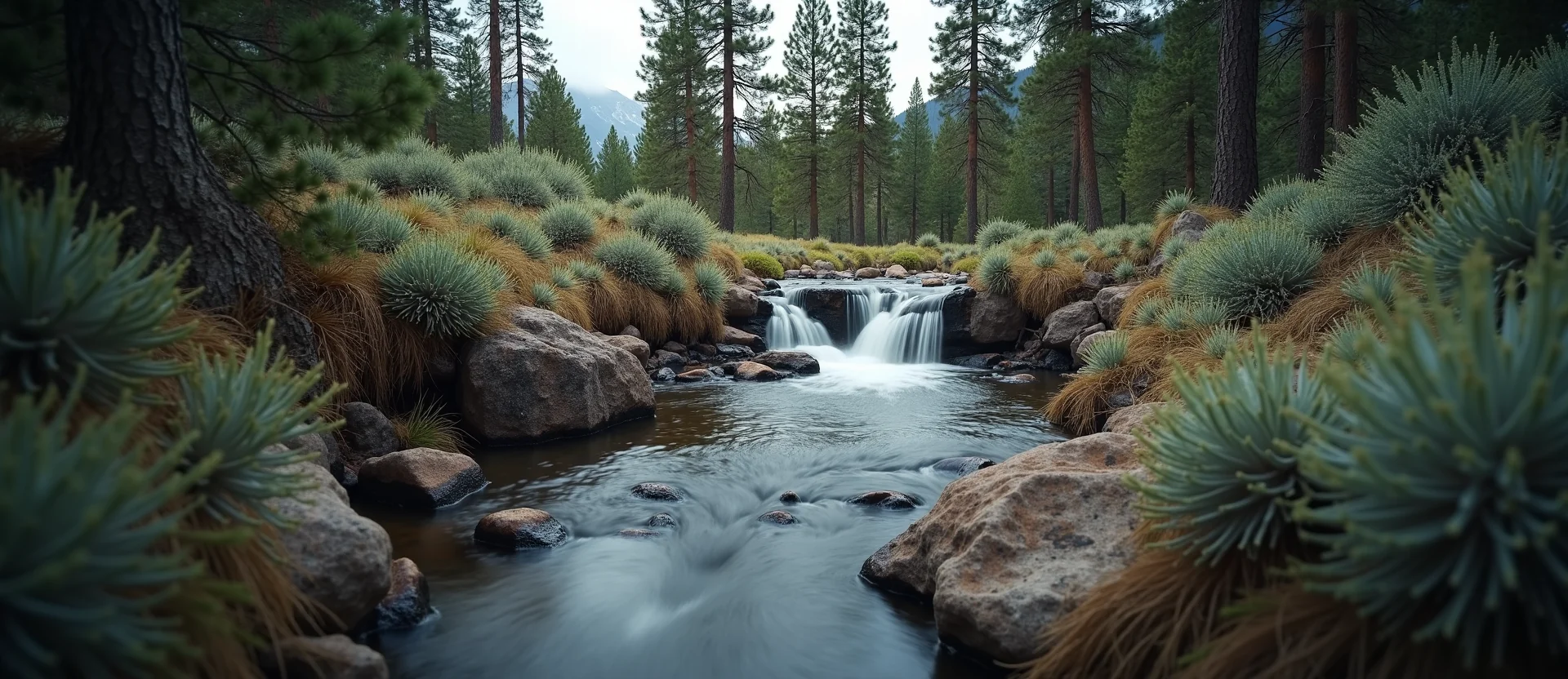 Symbolizing Flow/Cleansing: A local Ponderosa Pine hidden small waterfall. - AI Generated