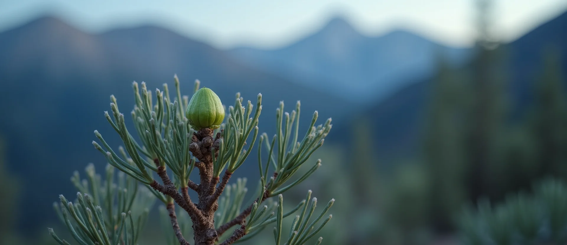 Symbolizing Seed/New Beginning: A local Sierra Juniper new green bud on a branch. - AI Generated