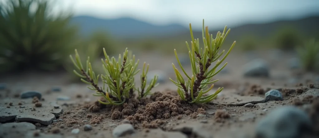 Symbolizing Seed/New Beginning: A local Manzanita shoot emerging from cracked soil. - AI Generated