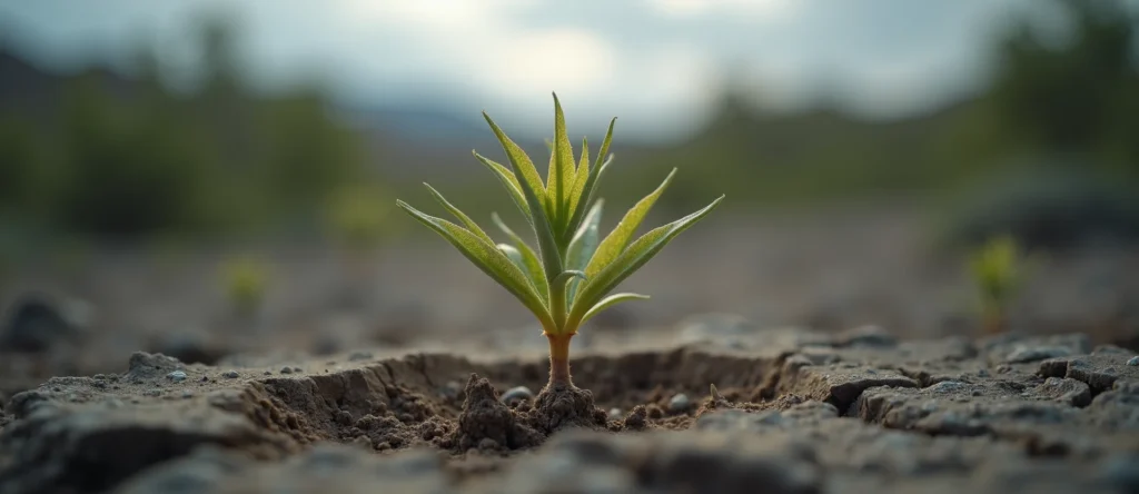 Symbolizing Seed/New Beginning: A local Desert Peach shoot emerging from cracked soil. - AI Generated
