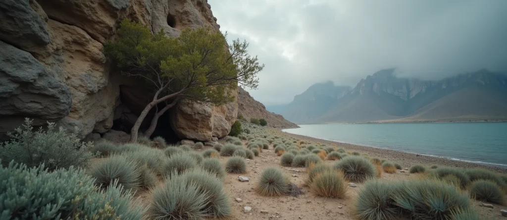 Symbolizing Growth/Resilience: A local Rabbitbrush tree growing out of a rock cleft. - AI Generated