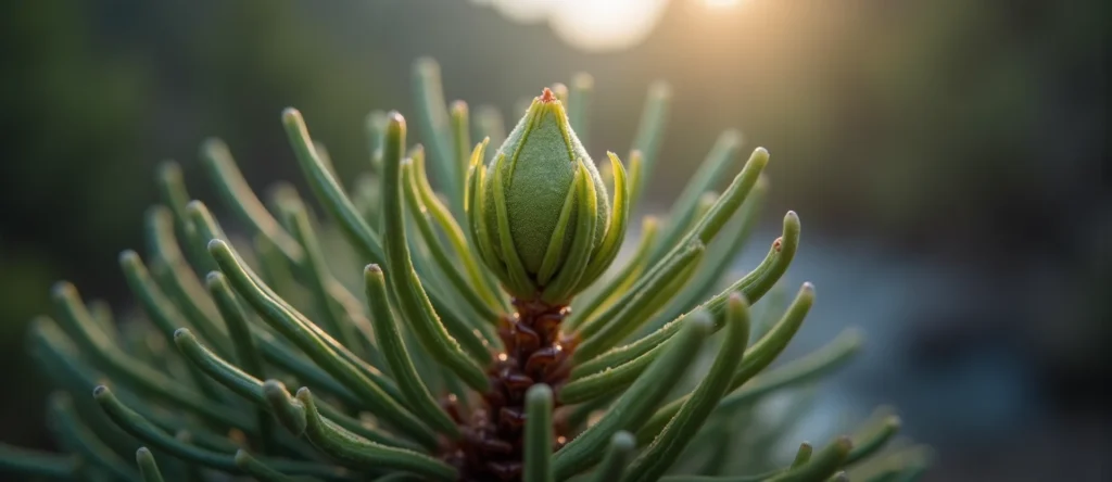 Symbolizing Seed/New Beginning: A local Sierra Juniper new green bud on a branch. - AI Generated