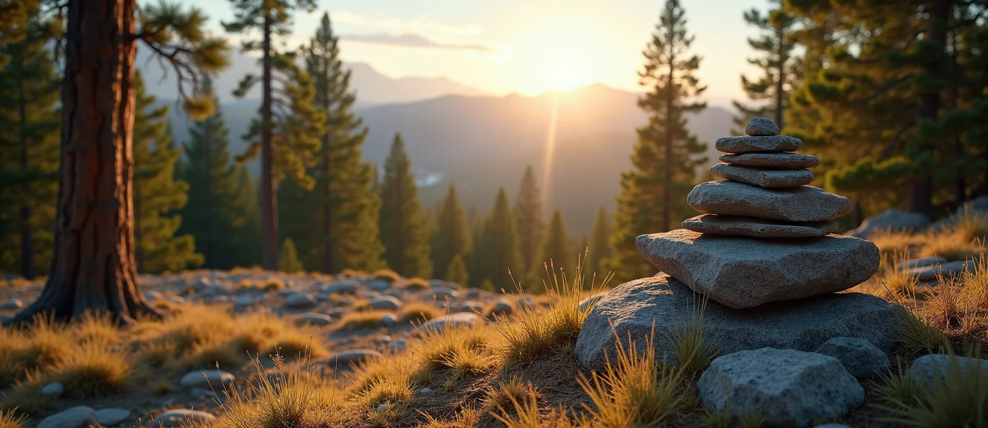 Symbolizing Stability/Peak: A local Ponderosa Pine ancient rock cairn. - AI Generated