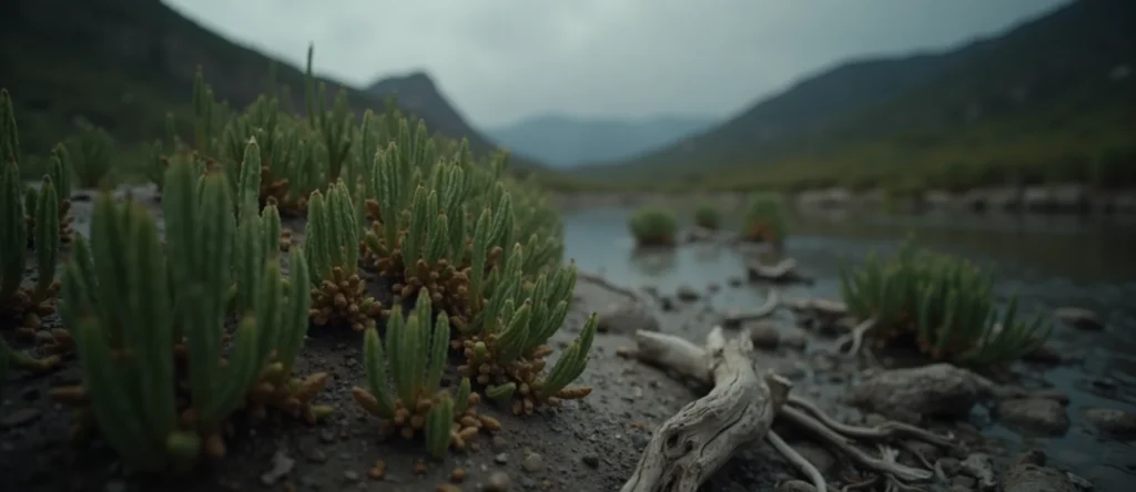 Symbolizing Flow/Cleansing: A local Desert Peach raindrops on desert leaves. - AI Generated