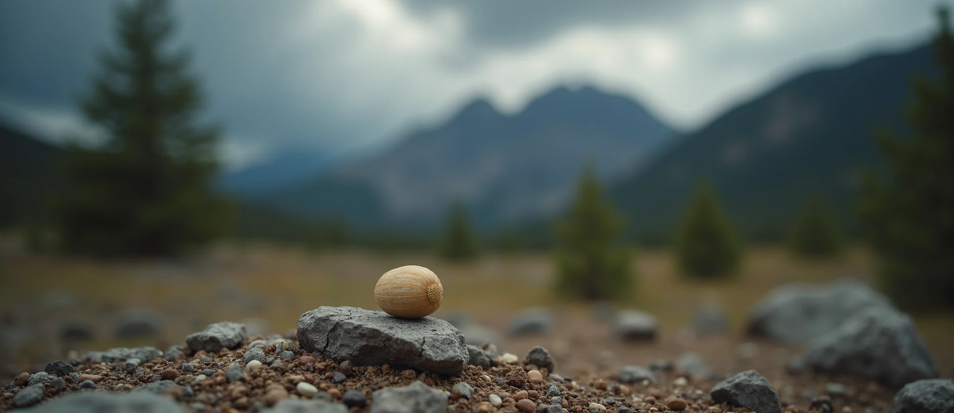 Symbolizing Seed/New Beginning: A local Mountain Mahogany single pine seed on dry earth. - AI Generated