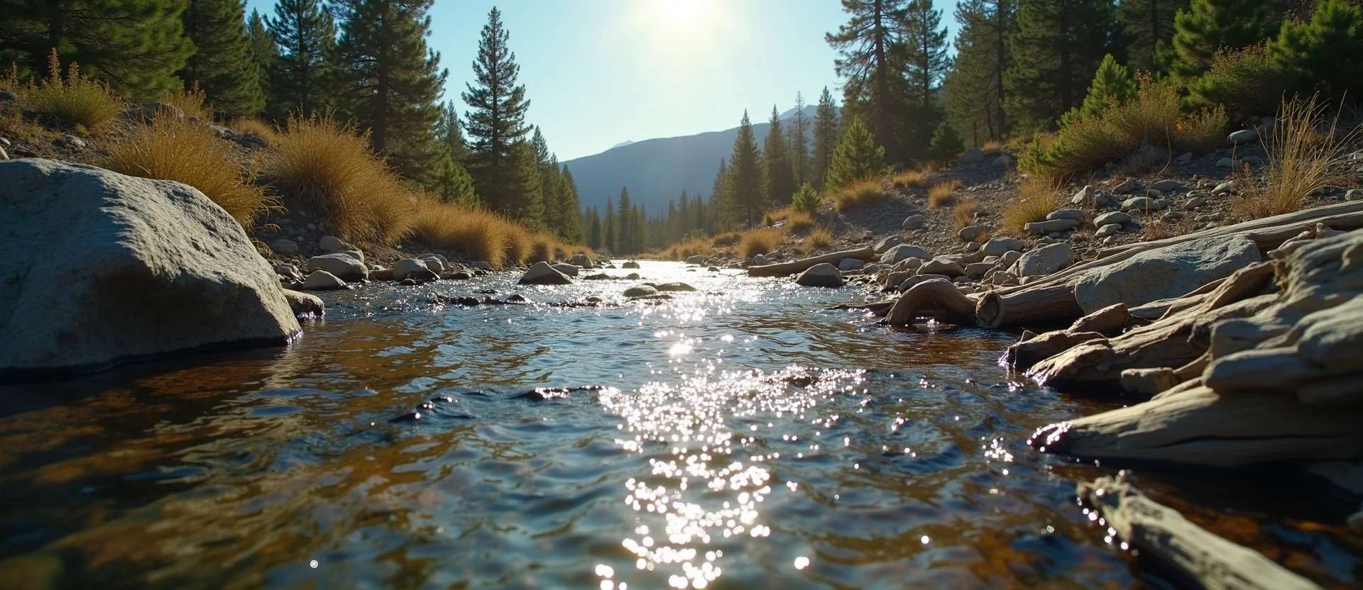 Symbolizing Flow/Cleansing: A local Sierra Juniper clear cold snowmelt stream. - AI Generated