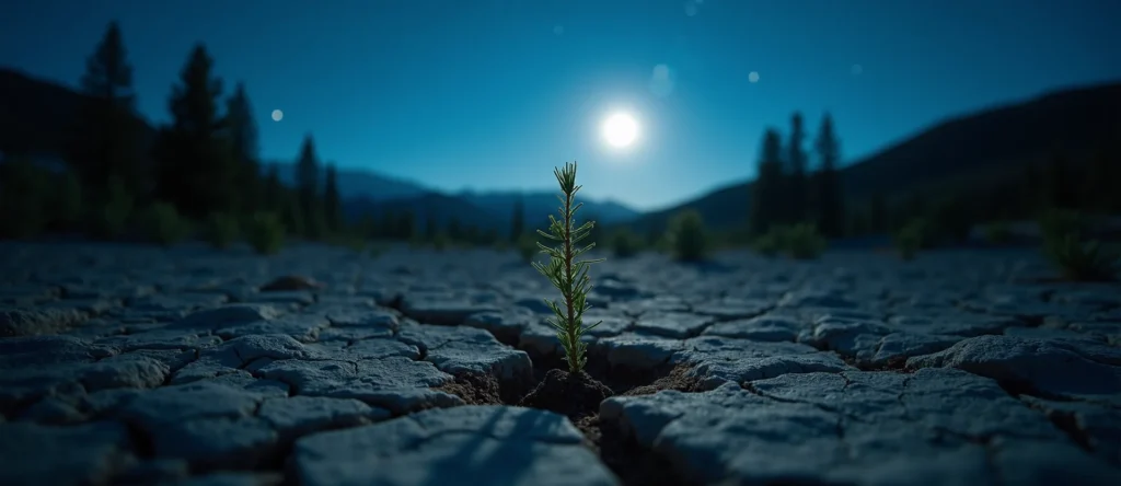 Symbolizing Seed/New Beginning: A local Bitterbrush shoot emerging from cracked soil. - AI Generated
