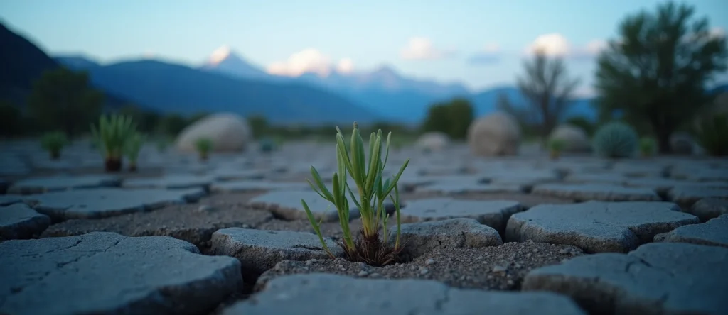 Symbolizing Seed/New Beginning: A local Mountain Mahogany shoot emerging from cracked soil. - AI Generated