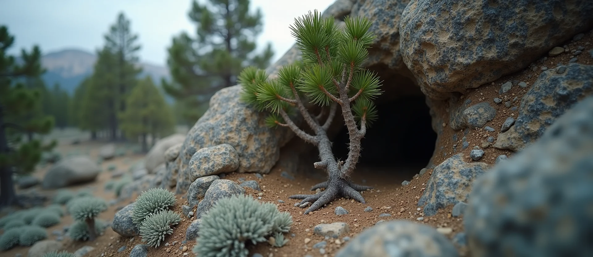 Symbolizing Growth/Resilience: A local Ponderosa Pine tree growing out of a rock cleft. - AI Generated