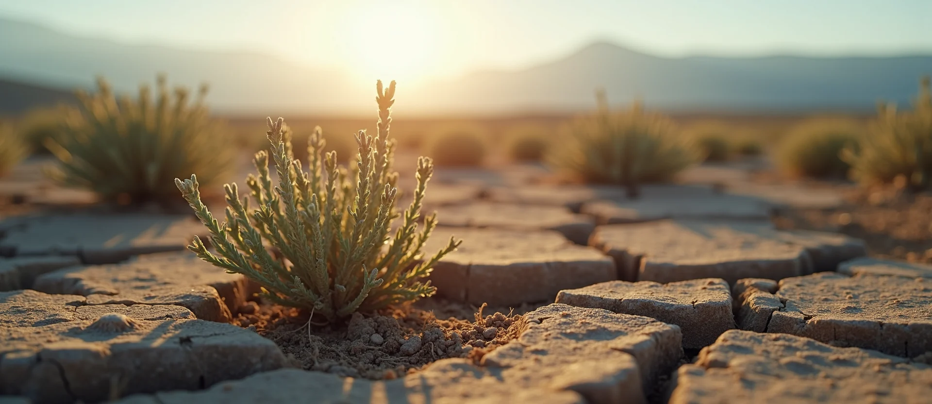 Symbolizing Seed/New Beginning: A local Sagebrush (Artemisia tridentata) shoot emerging from cracked soil. - AI Generated