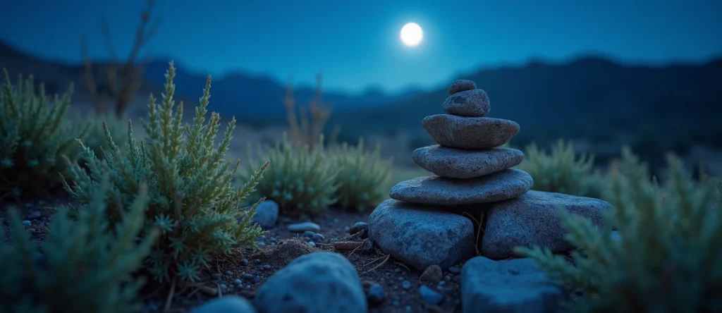 Symbolizing Stability/Peak: A local Indian Paintbrush ancient rock cairn. - AI Generated