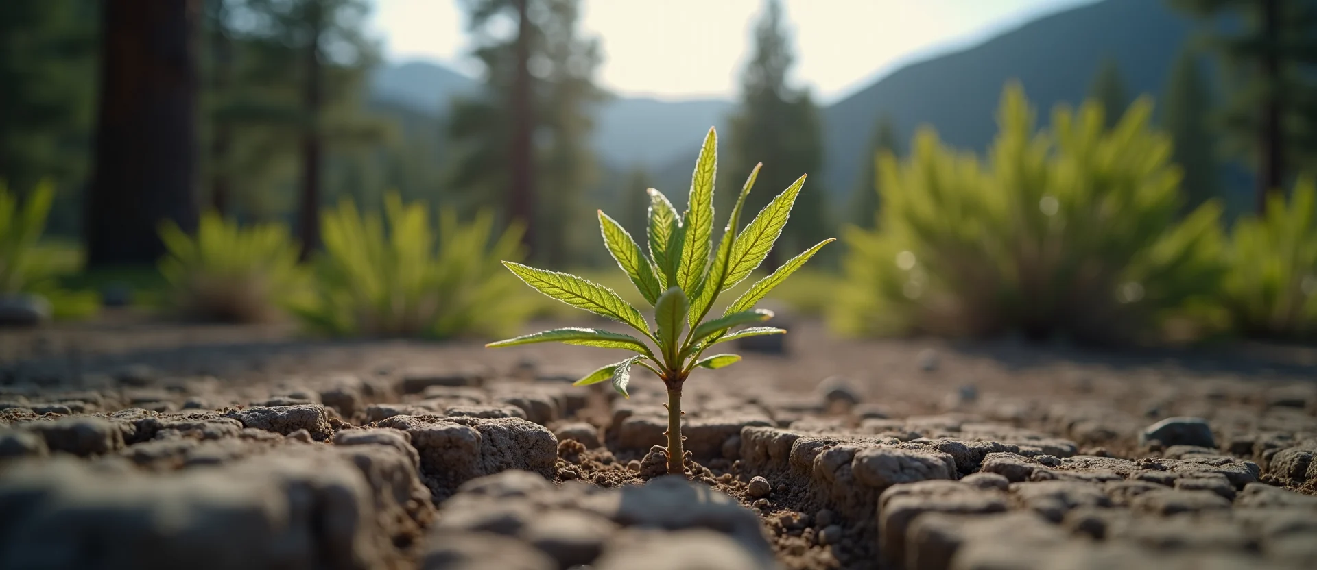 Symbolizing Seed/New Beginning: A local Ponderosa Pine shoot emerging from cracked soil. - AI Generated