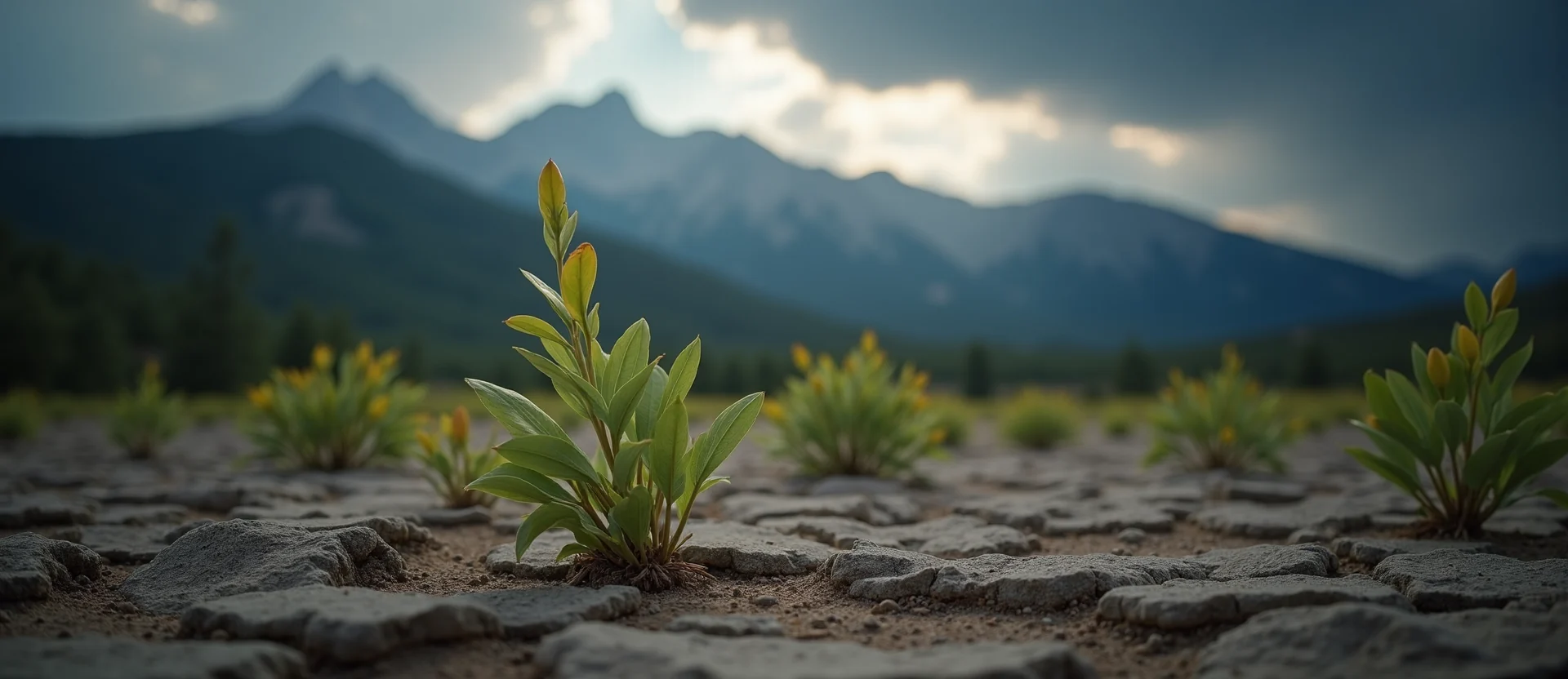 Symbolizing Seed/New Beginning: A local Manzanita shoot emerging from cracked soil. - AI Generated