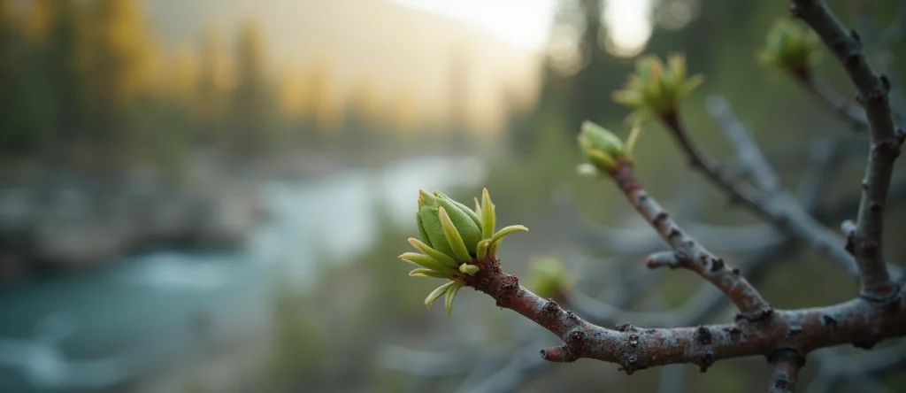 Symbolizing Seed/New Beginning: A local Mountain Mahogany new green bud on a branch. - AI Generated