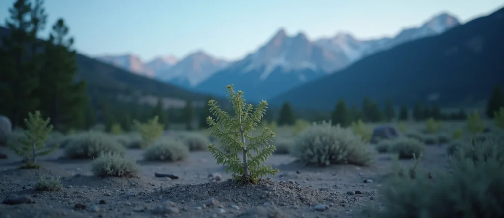 Symbolizing Seed/New Beginning: A local Sierra Juniper shoot emerging from cracked soil. - AI Generated