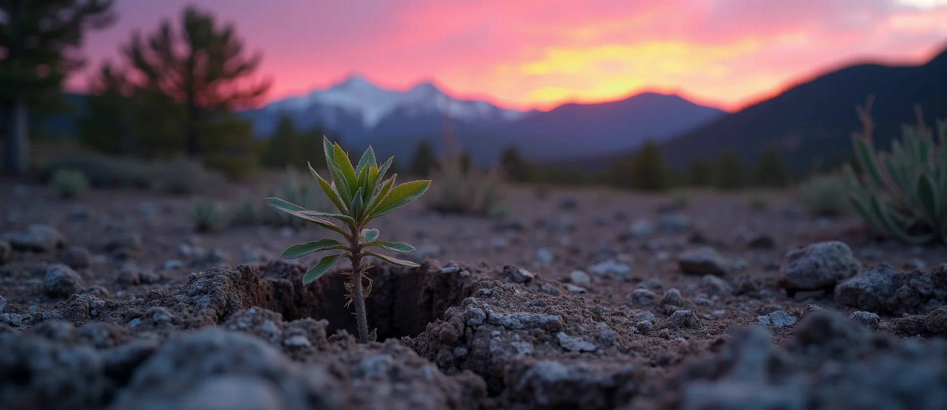 Symbolizing Seed/New Beginning: A local Mountain Mahogany shoot emerging from cracked soil. - AI Generated