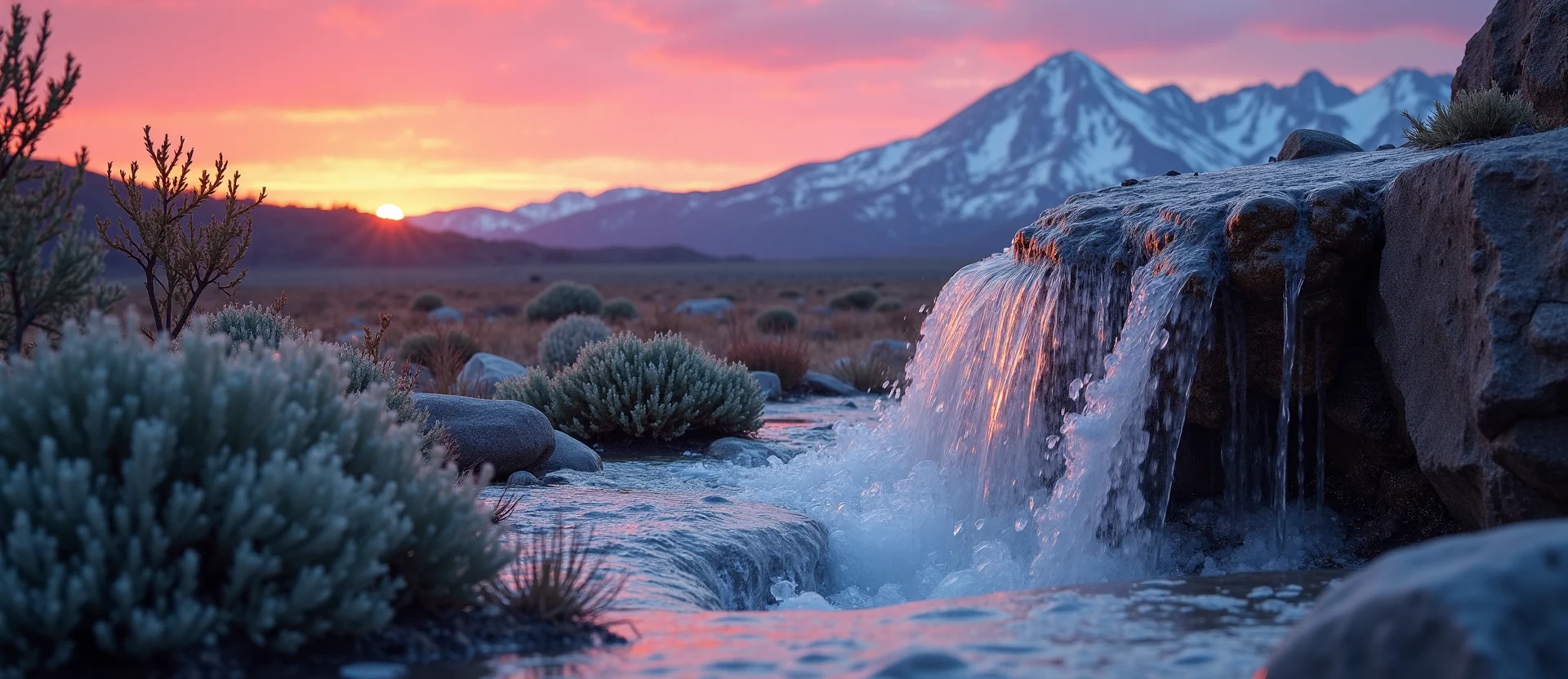 Symbolizing Flow/Cleansing: A local Rabbitbrush hidden small waterfall. - AI Generated