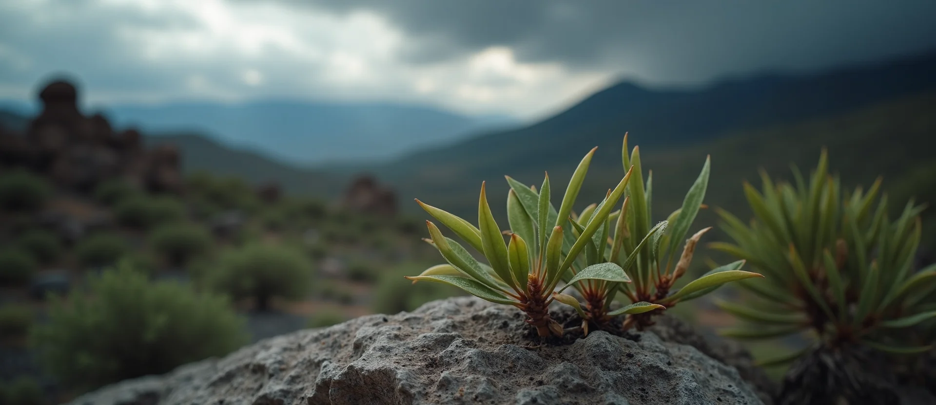 Symbolizing Flow/Cleansing: A local Mountain Mahogany raindrops on desert leaves. - AI Generated