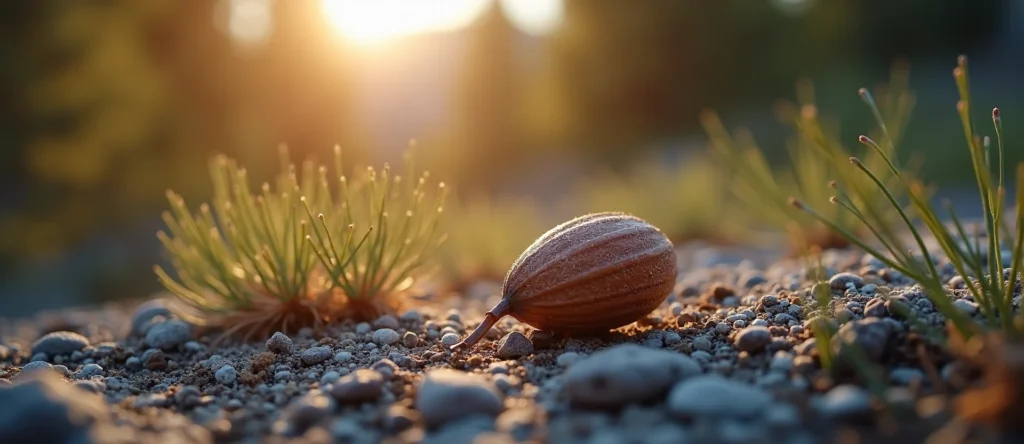 Symbolizing Seed/New Beginning: A local Sagebrush (Artemisia tridentata) single pine seed on dry earth. - AI Generated