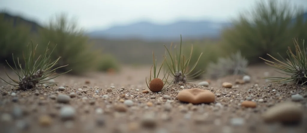 Symbolizing Seed/New Beginning: A local Manzanita single pine seed on dry earth. - AI Generated
