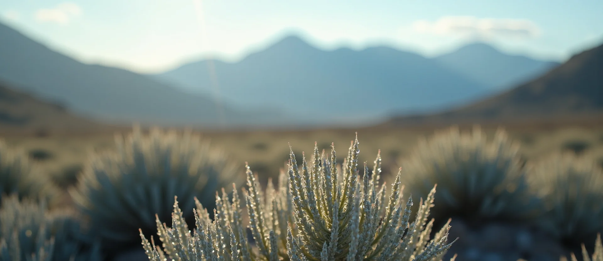 Symbolizing Flow/Cleansing: A local Rabbitbrush raindrops on desert leaves. - AI Generated