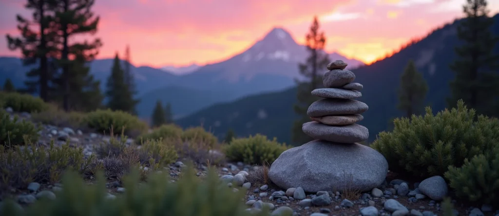 Symbolizing Stability/Peak: A local Manzanita ancient rock cairn. - AI Generated