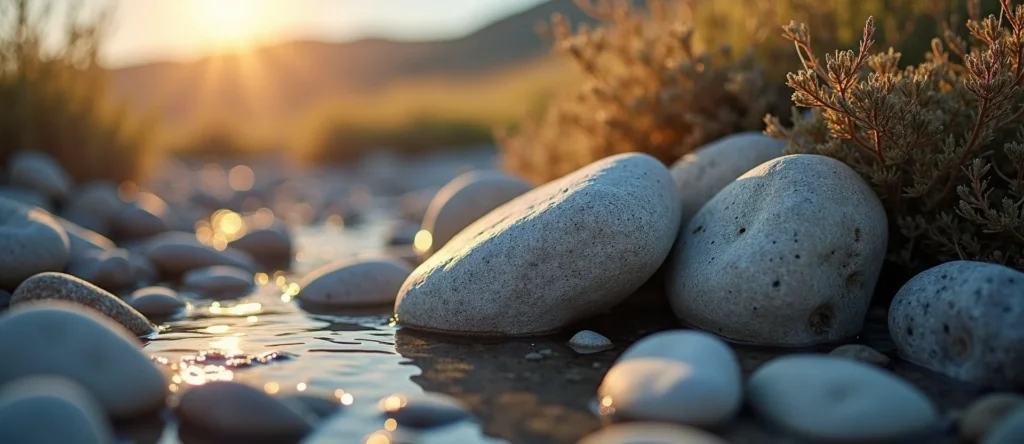 Symbolizing Flow/Cleansing: A local Rabbitbrush smooth Truckee river stones. - AI Generated