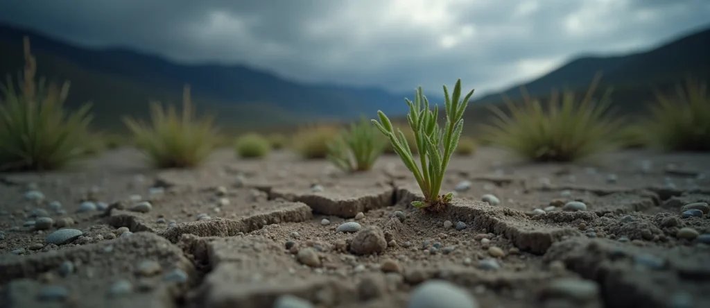 Symbolizing Seed/New Beginning: A local Mountain Mahogany shoot emerging from cracked soil. - AI Generated