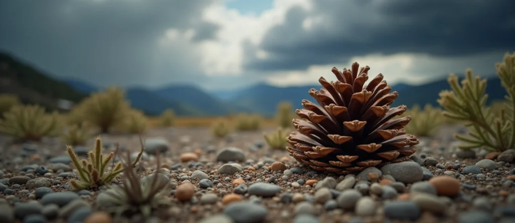 Symbolizing Seed/New Beginning: A local Indian Paintbrush opening pine cone. - AI Generated